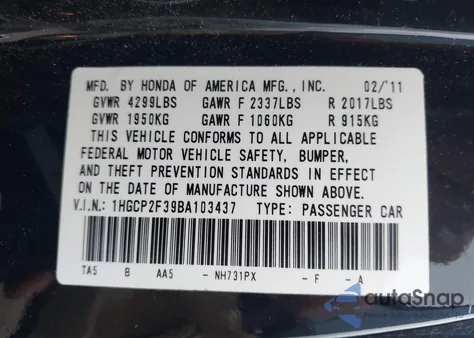 2011 Honda Accord 2.4 Lx from USA, damaged, VIN 1HGCP2F39BA103437